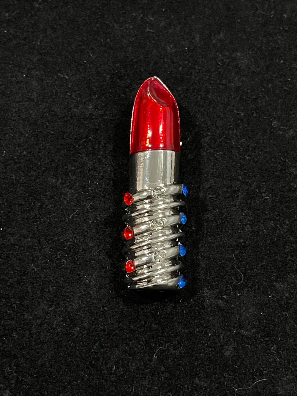Vintage Red Lipstick Brooch Pendant with Red & Blue Rhinestones - Silver